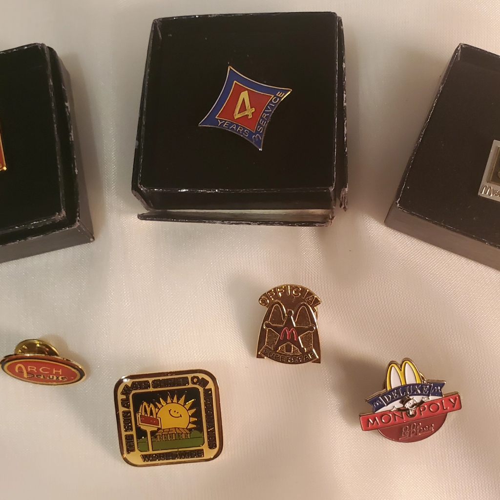 Vtg Ronald Mcdonald's 3 4 5 Service Golden Arches Deluxe Monopoly Pin Lapels Set